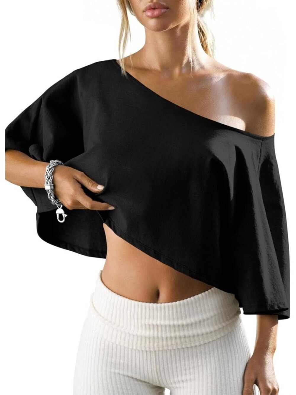 Women's Black Off Shoulder Cropped Batwing Top Wide Neck Short Sleeve